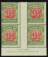 POSTAGE DUE 1946-53 3d Carmine And Green, SG D122, JOHN ASH Gutter Imprint Block Of Four, Very Fine Mint. (4 Stamps) For - Autres & Non Classés