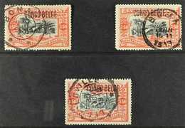 CONGO 1909 3fr 50fr Vermilion And Black, Handstamped Locally, COB 37L, 3 Very Fine Used Examples Showing Varying Ovpt Ch - Altri & Non Classificati