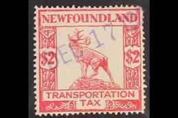 REVENUE - TRANSPORTATION TAX RARITY. 1927 $2 Red Transportation Tax "Caribou" Revenue, No Wmk, Perf 14 X 14, Barefoot 2, - Andere & Zonder Classificatie