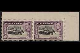 1938 50c Black And Mauve, Wild Elephants, SG 394, Superb Never Hinged Mint Corner Margin Pair. For More Images, Please V - Ceilán (...-1947)