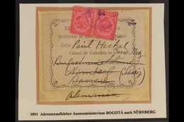 1891 Large Printed Official "Ministerio...Consul De Colombia En..." Address Label On Small Piece, Addressed To Bavaria,  - Colombia