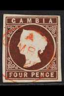 1869-72 4d Brown, No Wmk, Imperf, SG 1, 4 Clear To Wide Margins & Light Red Cds Cancel, Very Fine Used For More Images,  - Gambia (...-1964)