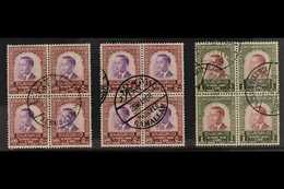 1955-65 A Trio Of USED BLOCKS OF 4 On A Stock Card, Includes Two Blocks Of 500m Purple & Red Brown "Hussein" (SG 457), O - Jordania