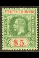 1912-23 $5 Green And Red On Blue-green, Olive Back, SG 212b, Fine Mint. For More Images, Please Visit Http://www.sandafa - Straits Settlements