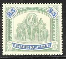 FEDERATED MALAY STATES 1922-34 $5 Green & Blue Elephants, SG 80, Fine Mint, Fresh Colours. For More Images, Please Visit - Otros & Sin Clasificación