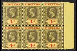 1912 KGV 4d Black & Red/yellow, SG 83, Marginal Block Of 6, Five Stamps Are Never Hinged Mint (6 Stamps) For More Images - St. Helena