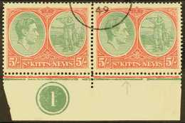 1938-50 5s Bluish Green And Scarlet, Ordinary Paper, Lower Marginal Plate Number Pair, One Showing Break In Oval At Foot - St.Kitts Y Nevis ( 1983-...)