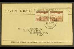 OFFICIALS 1945 - 50 1½d Purple Brown, SG O20, Bi-lingual Pair Superb Used On OHMS Cover To USA. Rare Franking!  For More - África Del Sudoeste (1923-1990)