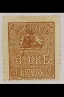 1862-66 3o Brown Lion Type II With COLOURED LINE FROM LION TO LARGE "3" Variety, Facit 14Bv4, Unused No Gum, Thin, Very  - Sonstige & Ohne Zuordnung