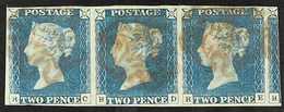 1840 2d Pale Blue Plate 1 STRIP OF THREE 'RC - RE', SG 6, Very Fine Used With 4 Large Margins & Red MC Cancellations. Fo - Sonstige & Ohne Zuordnung