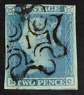 1841 2d Blue Plate 3 With " 1 " IN MALTESE CROSS Cancellation, SG 14f, Fine With 4 Margins. Cat £700. For More Images, P - Other & Unclassified