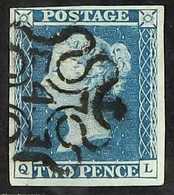1841 2d Blue Plate 3 With " 4 " IN MALTESE CROSS Cancellation, SG 14f, Very Fine With 4 Margins. Cat £700. For More Imag - Autres & Non Classés
