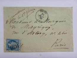 Enveloppe De Troyes à Paris - 1858 - Timbre Napoléon III Bleu Décentré 20c (N°14 YT) En Bas, De Biais Et à Gauche - 4034 - 1853-1860 Napoleon III
