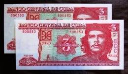 Pair Of Banknotes $3 Pesos 2004 Legal Tender, From CUBA, UNC From Pack. CHE. - Kuba