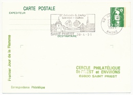 FRANCE - Entier CP 2,10 Briat Premier Jour Flamme "25eme Anniversaire Jumelage Saint Priest - Mülheim" 26/4/1991 - Cartes Postales Repiquages (avant 1995)