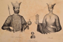 XIX. Sz. Közepe: Szt István, Gizella és Imre Herceg Kőnyomatos Képe. 28x19 Cm Foltos. - Estampes & Gravures