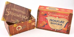 Régi Stollwerck Dobozok, össz. 2 Db. 1 Db Nougat Kocka Fedeles Karton Doboz, Kopásokkal, Folttal 5×17,5×28 Cm. 1 Db Kart - Autres & Non Classés