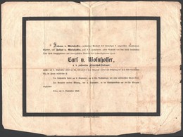 1853 Linz, Carl Von Wolnhoffer (1790-1853) Cs. és Kir. Ny. Altábornagy Német Nyelvű Halálozási értesítője, Hajtásnyomokk - Autres & Non Classés