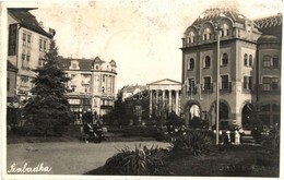 T3 Szabadka, Subotica; Városháza, Pressburger, Gombos, Farkas üzlete, Automobil, Park / Town Hall, Shops, Automobiles, P - Ohne Zuordnung