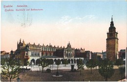 T2 1915 Kraków, Krakau, Krakkó; Sukiennice / Tuchhalle Und Rathausturm / Town Hall Tower, Cloth Hall + "Zensuriert Bahnp - Ohne Zuordnung