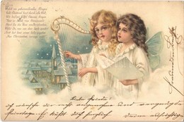 T2/T3 1899 Christmas Greeting Card, Angels Playing The Harp, Litho - Non Classés