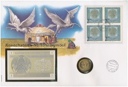 Kazahsztán "Nemzeti Szimbólum" Felbélyegzett Borítékban, Bélyegzéssel, Benne Kazahsztán 1993. 1T Bankjegy és 1993. 10T,  - Unclassified
