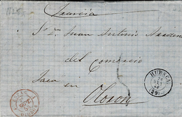 1858- Lettre En Port Du De HUESCA - Entrée Par 1 Oloron 1- Rouge -taxe Tampon 5 Pour Oloron - Entry Postmarks