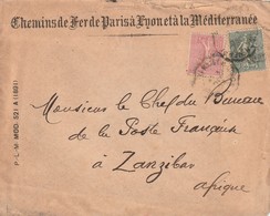 France Lettre Semleuse A Destination De Zanzibar 1903sur Enveloppe Paris Lyon Marseille + Courrier - 1903-60 Semeuse Lignée