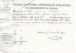 Feuille D' Affiche De 1835   - Au Verso TIMBRE ROYAL De 35 Cts - Cachets Généralité