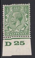 GRAN BRETAGNA 1924-26 BLOCK CYPHER 1/2d  GREEN  SG SPEC.  CONTROL "D  25" U/M  SUPERB - Nuevos