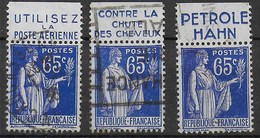 FRANCIA - 1937 - ORDINARIA TIPO PACE . CENT. 65 - CON BANDA PUBBLICITARIA - LOTTO DI TRE ESEMPLARI - (YVERT 365b) - Advertising