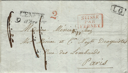 1837- Lettre De GENEVE / P Nbre  + L G Noir  Entrée SUISSE/PAR/FERNEY Rouge   Noël N°247 - Entry Postmarks