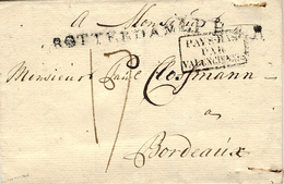 1821- Lettre De ROTTERDAM + L.P.B. 4  Noir Pour Bordeaux -entrée PATS-BAS / PAR / VALENCIENNES  Noir - Marques D'entrées