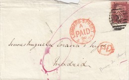 LETTRE. 5 AOUT 1874. ONE PENNY ROUGE. PAID LOMBARD STREET. PD POUR MADID ESPAGNE. ESTAFETA DE CAMBIO. TAXE 6 ROUGE - Lettres & Documents