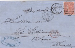 LETTRE. 7 FEV 70. FOUR PENCE. HN. PLANCHE 11. LONDRES 103 PD  POUR ST ETIENNE. ANGL.AMB.CALAIS - Covers & Documents