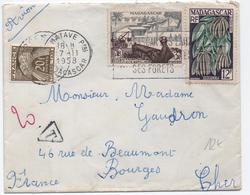 1958 - ENVELOPPE PAR AVION De TAMATAVE (MADAGASCAR) Pour BOURGES (CHER) Avec TAXE GERBES - Cartas & Documentos