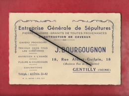 Carte De Visite - Entreprise Générale De Sépultures - Construction De Caveaux  -  J. Bourgougnon   - Gentilly  -(Seine) - Gentilly