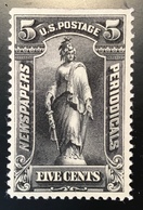 US 1895 Newspaper And Periodical Stamps Scott PR104 NO WMK 5c Black Freedom Unused (*)VF (USA Timbres Pour Journaux - Dagbladzegels