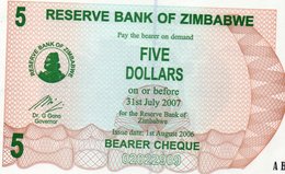 ZIMBABWE 5 DOLLARS 2006  P-38  UNC Prefix AB 0220254 - Simbabwe
