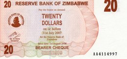 ZIMBABWE 20 DOLLARS 2006  P-40  UNC PREFIX  AA 4114997 - Zimbabwe