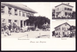 Um 1910 Gruss Aus Lengnau. Bahnhofrestaurant Mit Auto, Bahnhofgebäude Und Schalenfabrik Finger. - Other & Unclassified