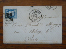 Enveloppe De Troyes Pour Paris - Cérès N°60, 25C Bleu - 1876 - Oblitération Losange Au Chiffre - 1871-1875 Cérès