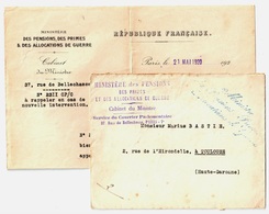 PARIS Lettre 1920 Franchise Griffe MINISTRE PENSION ALLOCATION GUERRE Correspondance Obtention Médaille Militaire - Guerra De 1914-18