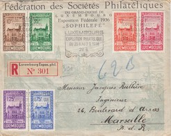 LETTRE LUXEMBOURG. RECOMMANDÉ POUR MARSEILLE. 1938. FEDERATION DES SOCIETES PHILATELIQUES.EXPOSITION PHILATELIQUE    / 2 - Brieven En Documenten