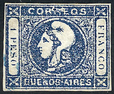 ARGENTINA: GJ.17, 1P. Dark Blue, Worn Impression, With Very Interesting Variety At Top Over "CORRREOS", Minor Defect On  - Buenos Aires (1858-1864)