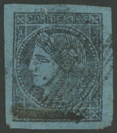 ARGENTINA: GJ.2, 3c. Blue With Goose Quill Stroke Through "Un Real", With Mute "16 Parallel Bars" Cancel Of Corrientes,  - Corrientes (1856-1880)