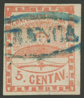 ARGENTINA: GJ.1, 5c. Small Figures, Handsome Example With Blue FRANCA Cancel In Oval, Of SAN LUIS (+450%), Excellent Qua - Used Stamps