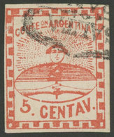 ARGENTINA: GJ.1, 5c. Small Figures, With Wreathed SALTA-FRANCA Cancel, Excellent Quality, Signed By Alberto Solari On Ba - Used Stamps