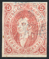ARGENTINA: GJ.16d, 5c. Of 1st Printing Imperf, Ribbed Paper, With Blue Datestamp Of Rosario, VF Quality, With Alberto So - Gebruikt