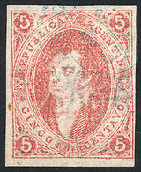 ARGENTINA: GJ.16d, 5c. Of 1st Printing Imperf, Ribbed Paper, With Blue Datestamp Of Rosario, VF Quality, With Alberto So - Used Stamps